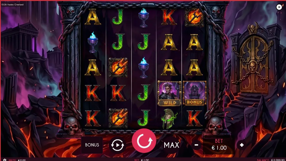 Tampilan visual slot Hades Overlord dengan tema mitologi Yunani yang gelap dan api neraka
